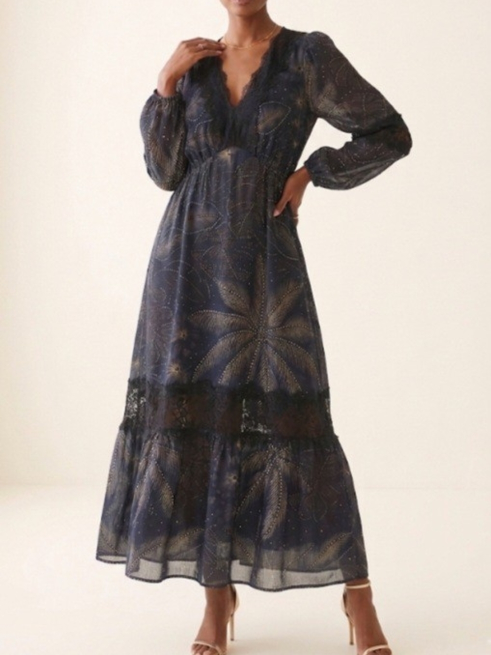 FARM Rio Black Lace Trim Palm Print Dress Size- L